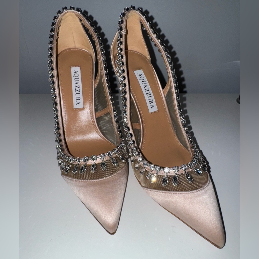 Aquazzura Crystal Crush 105 Satin and Mesh Heels NWOB